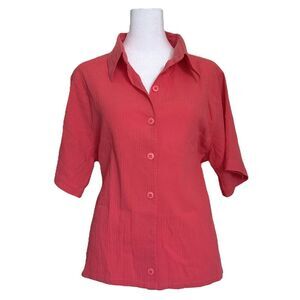 Vintage Collared Blouse Size L Bright Pink Button Front Haband Crinkle Texture